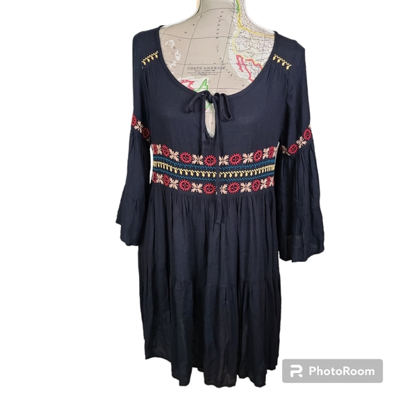 American Eagle Outfitters Size Small Black Embroidered Waist Ruffled Mini Dress - Picture 2 of 12